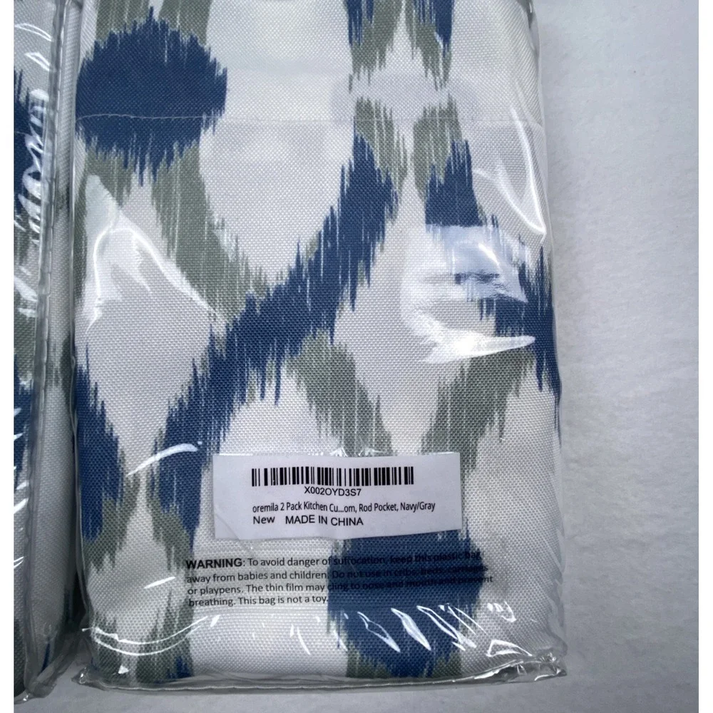 Oremila 4 Pack Kitchen Window Valances Navy Blue Gray Ikat Diamond Rod Pocket